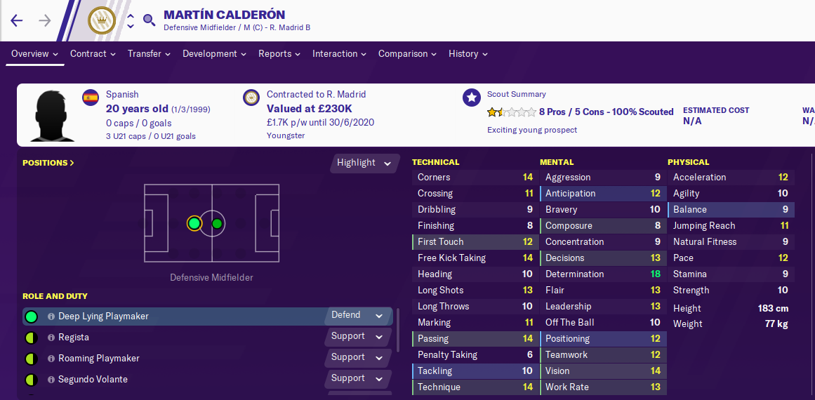 Página de estadísticas de Martin Calderon en Football Manager 2020