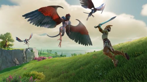 Imagen de dioses y monstruos de un personaje luchando contra criaturas aladas