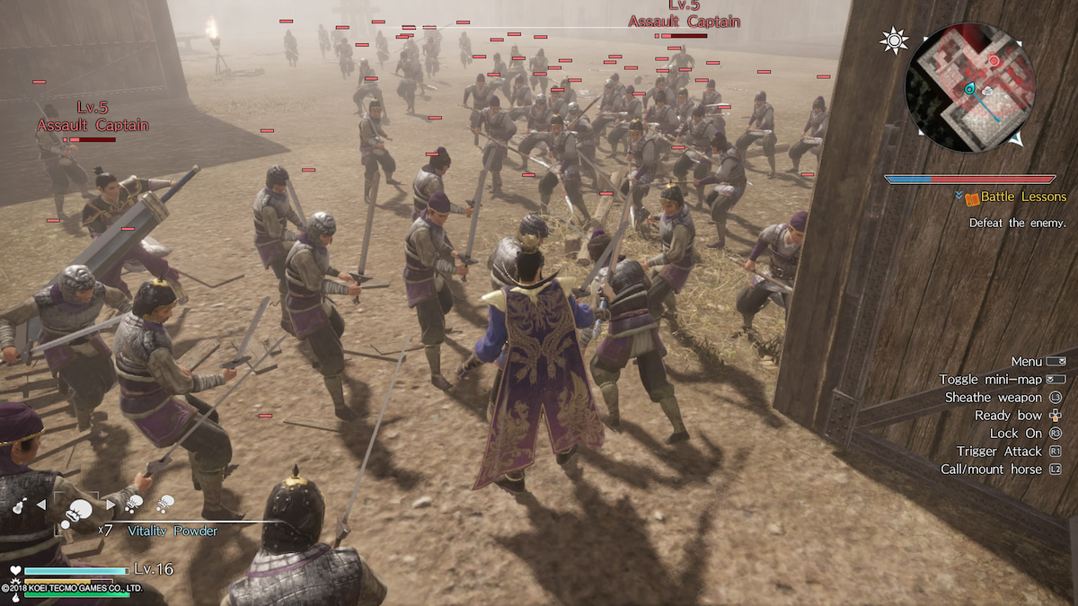 Dynasty Warriors 9 rodeado de enemigos