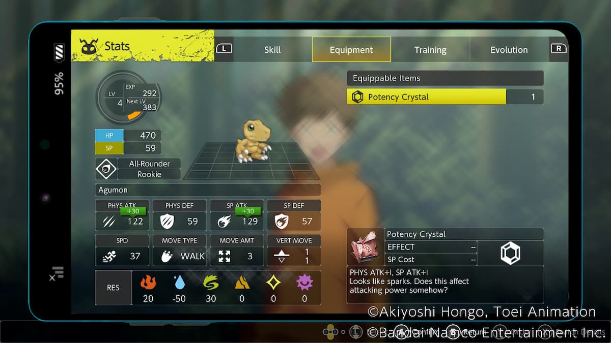 Elegir un elemento para el equipo en Digimon Survive
