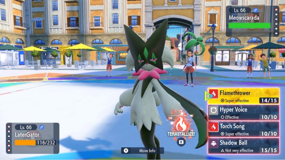 Captura de pantalla de la batalla de campeones de Pokémon Escarlata Meoscarda