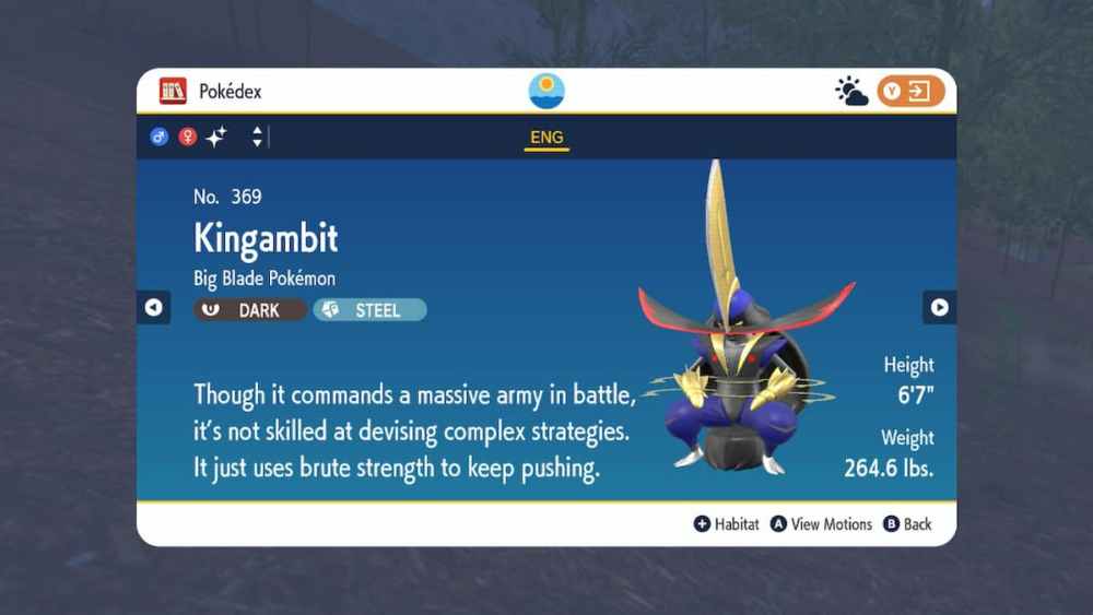 Kingambit en la Pokédex de Pokémon Escarlata y Violeta.