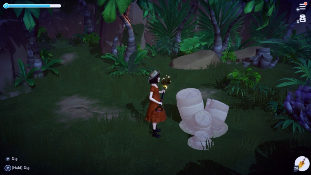 Excavando un registro en Disney Dreamlight Valley.