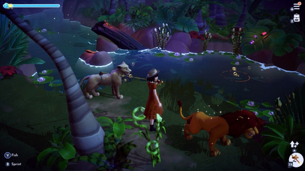 Pescando con Nala y Simba en Disney Dreamlight Valley.