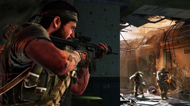 Un personaje con una pistola y un pañuelo se esconde detrás de una esquina de 2 enemigos en Call of Duty Black Ops.