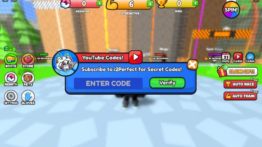 Menú de canje de código en Climb Race Simulator Roblox Experience