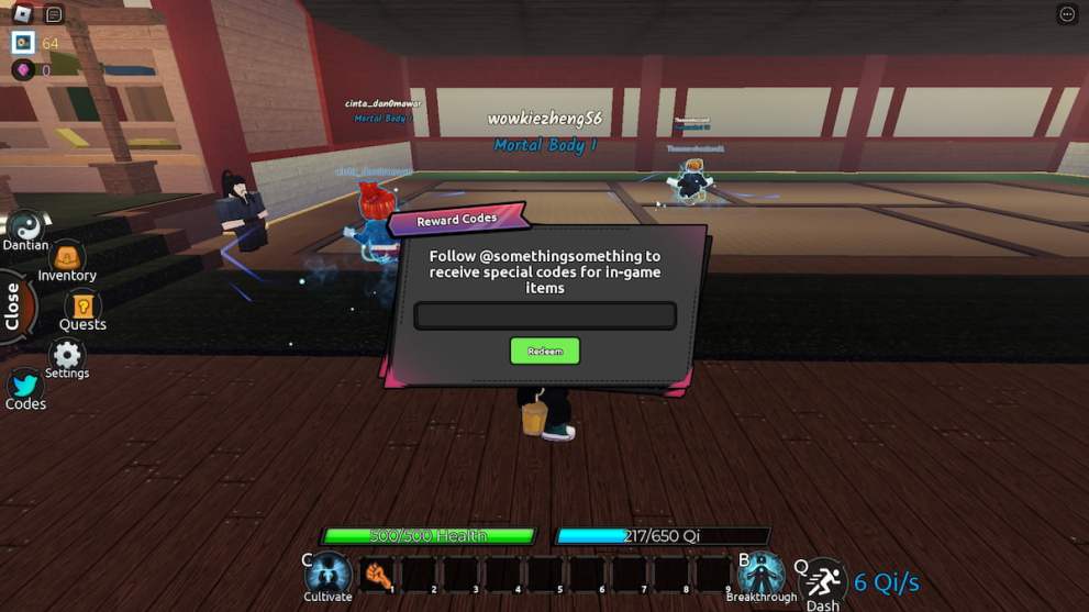 Menú de canje de códigos en la experiencia Souls Cultivation Roblox