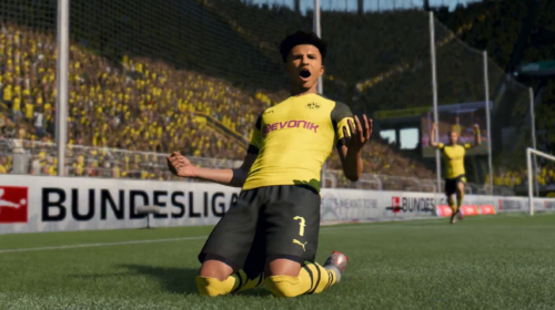 Jadon Sancho celebra un gol para el Borussia Dortmund en FIFA 20