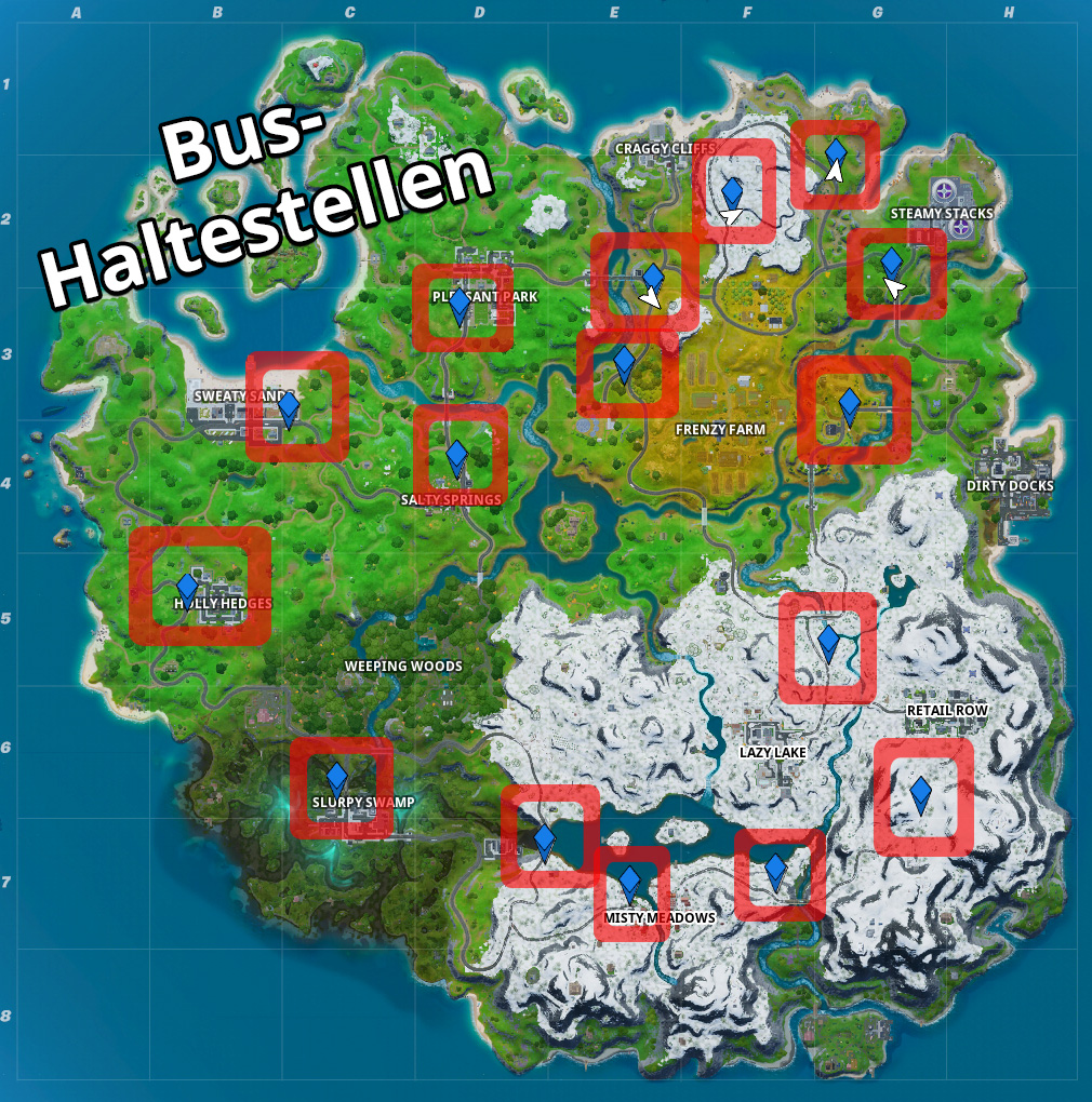 Mapa general de las paradas de autobús de Fortnite