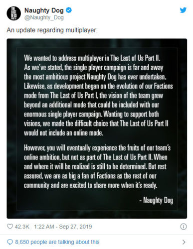 Declaración de Naughty Dog sobre un modo multijugador