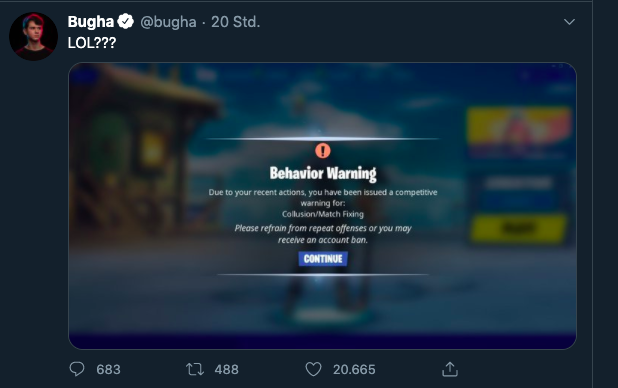 fortnite-bugha-warning "class =" lazy lazy-hidden wp-image-535923 "srcset =" http://dlprivateserver.com/wp-content/uploads/2020/08/Incluso-el-campeon-mundial-en-Fortnite-esta-acusado-de-hacer.png 618w, https : //images.mein-mmo.de/medien/2020/08/fortnite-bugha-warnung-300x188.png 300w, https://images.mein-mmo.de/medien/2020/08/fortnite-bugha- warning-150x94.png 150w "data-lazy-size =" (ancho máximo: 618px) 100vw, 618px ">    

<p><strong>¿Por qué esto se considera una estafa?</strong> Si hay varios jugadores en una llamada, pero en realidad compiten entre sí, existe la posibilidad de que compartan información que les dará una ventaja en el juego.</p>
<p>Los jugadores que han unido fuerzas en un torneo ya han sido expulsados. Trabajar en equipo claramente cuenta como hacer trampa en Fortnite y no está permitido. Estas reglas se introdujeron y solo confundieron el juego.</p>
<h2>Bugha no ve esto como una trampa</h2>
<p><strong>Así reaccionó el profesional ante la acusación:</strong> Para Bugha una cosa está clara: no hizo trampa. No ve ningún problema de que estuvo en la llamada con su colega que también era su oponente. Después de todo, ellos mismos no transmitieron ninguna información sobre el partido.</p>
<p>Siempre habrían peleado entre ellos tan pronto como se conocieron, pero otros solo ven el clip y se forman una opinión al respecto (Bugha vía Twitter).</p>
<p>Su compañero de equipo Owl dio un paso más y creó un video en el que se puede ver que los dos no trabajaron juntos y también pelearon cuando se conocieron.</p>
<p>Contenido editorial recomendado En este punto, encontrará contenido externo de Twitter que complementa el artículo Mostrar contenido de Twitter Acepto que se me muestre contenido externo. Los datos personales se pueden transmitir a plataformas de terceros. Lea más sobre nuestra política de privacidad.</p>
<p> 				Enlace al contenido de Twitter .embed-twitter .embed-privacy-logo {background-image: url (https://mein-mmo.de/wp-content/plugins/embed-privacy/assets/images/embed-twitter.png) ? v = 1596172762); } 			</p>
<p>Tanto si hizo trampa como si no, ambos profesionales se quedaron con esta advertencia. </p>
<p>El sistema anti-trampas de Fortnite parece tener problemas para distinguir cuándo hacer trampa y cuándo es un incidente inofensivo. Por ejemplo, un jugador fue baneado por usar una falla durante un torneo, pero no a propósito.</p>
<p>    <img decoding=