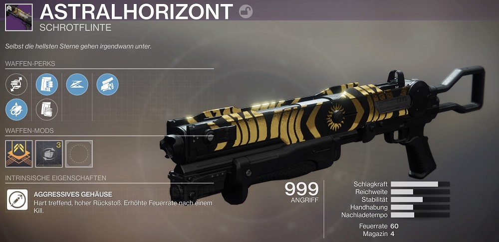 astralhorizont-trial-shotgun-destiny-2 "class =" wp-image-484691 "srcset =" https://images.mein-mmo.de/medien/2020/03/astralhorizont-trials-shotgun-destiny-2. jpg 1000w, https://images.mein-mmo.de/medien/2020/03/astralhorizont-trials-shotgun-destiny-2-300x146.jpg 300w, https://images.mein-mmo.de/medien/ 2020/03 / astralhorizont-trial-shotgun-destiny-2-150x73.jpg 150w, https://images.mein-mmo.de/medien/2020/03/astralhorizont-trials-shotgun-destiny-2-768x373.jpg 768w "tamaños =" (ancho máximo: 1000px) 100vw, 1000px "> Casi cada rollo del horizonte astral te golpea    

<p><strong>Esto es lo que hace que la escopeta sea tan buena:</strong> Astral Horizon es una de las escopetas de tiro más lento que golpea con fuerza. Esto les permite matar a los Guardianes enemigos desde grandes distancias con un solo disparo. </p>
<p>Otra escopeta de este tipo domina actualmente el PvP: Felwinter Lie (a través de destinytracker.com). Solo puedes obtener esta arma nuevamente en la temporada 13 y también pertenece a la ranura Elemental. Eso convierte a Astral-Horizont en la mejor alternativa actualmente.</p>
<p>Otra ventaja de Astrahorizont es que casi solo tienes buenas ventajas para elegir. La tirada de dios para PvP debería verse así:</p>
<ul>
<li>Barril: impacto total (reduce la dispersión) o barril tirado (rango +10, manejo -15)</li>
<li>Cargador: Cargador de asalto (+10 Cadencia de fuego, +15 Estabilidad) o Misiles mejorados (+10 Alcance)</li>
<li>Beneficio 1: movimiento fijo (el arma se puede sacar y cambiar rápidamente)</li>
<li>Beneficio 2: primer disparo (mejora el alcance y la precisión en el primer ataque; se reinicia cada pocos segundos)</li>
<li>Obra maestra: manejo o alcance</li>
</ul>
<p>Si llegas al faro sin problemas, también puedes esperar la versión maestra del arma. Como obra maestra, tiene una bonificación en los valores de estado.</p>
<p>    <img decoding=