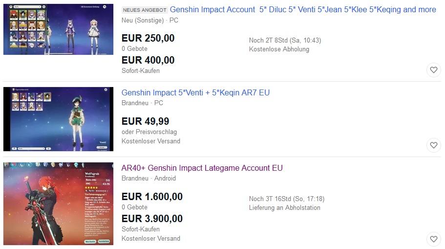Ofertas de Ebay de Genshin Impact
