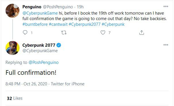 Tweet sobre el lanzamiento de Cyberpunk 2077