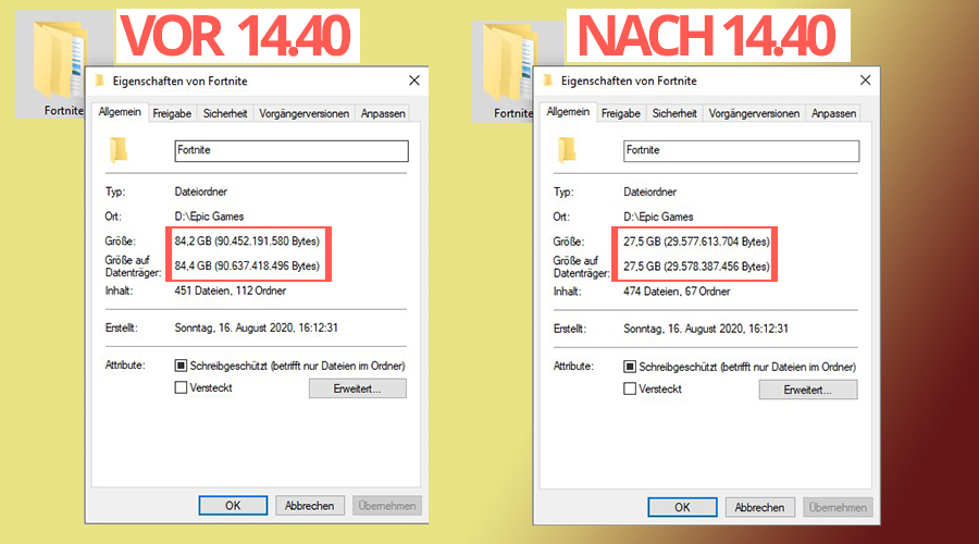 Fortnite-size-patch-14-40-before-after "class =" wp-image-582656 "srcset =" https://images.mein-mmo.de/medien/2020/10/Fortnite-Size-Patch- 14-40-before-after.jpg 900w, https://images.mein-mmo.de/medien/2020/10/Fortnite-Size-Patch-14-40-vorher-nachher-300x167.jpg 300w, https: //images.mein-mmo.de/medien/2020/10/Fortnite-Gr Größe-Patch-14-40-vorher-nachher-150x83.jpg 150w, https://images.mein-mmo.de/medien/2020 /10/Fortnite-Gröhe-Patch-14-40-vorher-nachher-768x427.jpg 768w "tamaños =" (ancho máximo: 900px) 100vw, 900px "> Aquí puede ver cómo ha cambiado el espacio de almacenamiento después de la actualización   

<h2>Los jugadores están felices y le temen</h2>
<p><strong>¿Cómo va la reducción del espacio de almacenamiento con los jugadores?</strong> El hecho de que Fortnite consuma mucho menos espacio de almacenamiento solo tiene un efecto positivo para los jugadores de PC, porque ahora generalmente ahorran más espacio. Luego puede usar esto para otros juegos o actualizaciones.</p>
<p>Así que este cambio parece ir bien con los jugadores. Debajo de las publicaciones de Twitter de Fortnite Status y Lucas7yoshi comentan que están felices. Un jugador incluso agradece a Fortnite por salvar su PC:</p>
<p>Contenido editorial recomendado En este punto, encontrará contenido externo de Twitter que complementa el artículo Mostrar contenido de Twitter Doy mi consentimiento para que se me muestre contenido externo. Los datos personales se pueden transmitir a plataformas de terceros. Lea más sobre nuestra política de privacidad.</p>
<p> 				Enlace al contenido de Twitter .embed-twitter .embed-privacy-logo {background-image: url (https://mein-mmo.de/wp-content/plugins/embed-privacy/assets/images/embed-twitter.png) ? v = 1598861582); } 			</p>
<p>Pero no todo es alegría por este cambio, ya que algunos jugadores se preguntan cómo Epic logró reducir tanto el tamaño del juego. Surge un temor: ¿Se ha eliminado de los datos el mapa antiguo del Capítulo 1?</p>
<p>¿Entonces borraste el mapa (Athena)? Acabas de destruir los sueños de cada niño de cinco años, incluido mi hermano pequeño.  </p>
<p>_NotNotJustin en Twitter    </p>
<p><strong>¿Que quieres decir con eso?</strong> Al comienzo del segundo capítulo en Fortnite, recibimos un mapa completamente nuevo. Antes de eso, los jugadores terminaron en el mismo mapa durante 10 temporadas, que siguieron recibiendo ligeros cambios.</p>
<p>El nuevo mapa del segundo capítulo tiene solo 4 temporadas, pero algunos jugadores seguían esperando que el mapa antiguo regresara algún día. El hecho de que Fortnite sea tan "pequeño" ahora te hace temer que el mapa antiguo sea eliminado y, por lo tanto, nunca regrese.</p>
<p>    <img decoding=