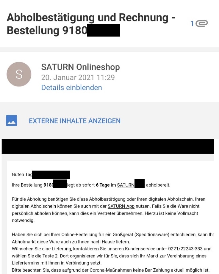 Confirmación de pedido de Saturno