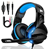 Auriculares para juegos para PS4 PS5 PC Xbox One con micrófono Supresión de ruido Estéreo Sonido envolvente Cómodo haz de cabeza Luz LED azul, para Nintendo Switch Laptop Mac Teléfono móvil Tableta