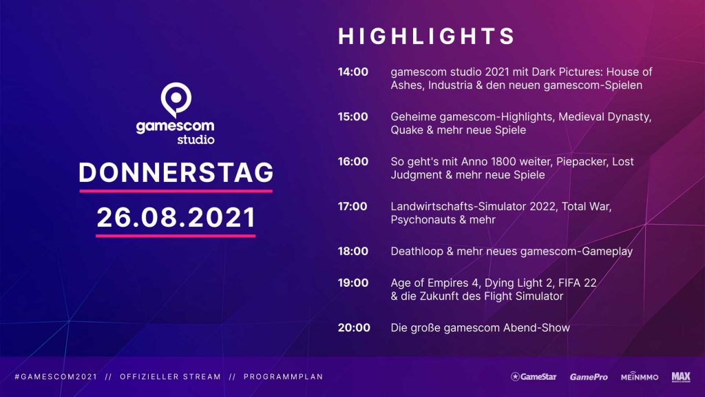 programa de gamescom jueves "class =" wp-image-713212 "srcset =" http://dlprivateserver.com/wp-content/uploads/2021/08/gamescom-2021-El-calendario-completo-del-programa-para-los-3.jpg 1024w, https: / / images .mein-mmo.de / medien / 2021/08 / gamescom-Programm-Donnerstag-300x169.jpg 300w, https://images.mein-mmo.de/medien/2021/08/gamescom-Programm-Donnerstag- 150x84. jpg 150w, https://images.mein-mmo.de/medien/2021/08/gamescom-Programm-Donnerstag-768x432.jpg 768w, https://images.mein-mmo.de/medien/2021/ 08 / gamescom-Programm-Thursday-1536x864.jpg 1536w, https://images.mein-mmo.de/medien/2021/08/gamescom-Programm-Donnerstag-780x438.jpg 780w, https: //images.mein- mmo. de / medien / 2021/08 / gamescom-Programm-Donnerstag.jpg 1920w "tamaños =" (ancho máximo: 1024px) 100vw, 1024px ">

<table>
<tbody>
<tr>
<td><strong>tiempo</strong></td>
<td><strong>programa</strong></td>
</tr>
<tr>
<td>14:00</td>
<td>gamescom studio 2021</td>
</tr>
<tr>
<td>14:15</td>
<td>Nuevo @ gamescom – Tráiler y jugabilidad</td>
</tr>
<tr>
<td>14:35</td>
<td>Imágenes oscuras: Casa de las cenizas </td>
</tr>
<tr>
<td>14:40</td>
<td>Industria </td>
</tr>
<tr>
<td>14:45</td>
<td>¡Esto es gamescom 2021! </td>
</tr>
<tr>
<td>14:50</td>
<td>Lo más destacado de ONL y recogida en la comunidad </td>
</tr>
<tr>
<td>15:00</td>
<td>Top Secret – presentación secreta del juego </td>
</tr>
<tr>
<td>15:15</td>
<td>Nuevo @ gamescom – Tráiler y jugabilidad </td>
</tr>
<tr>
<td>15:35</td>
<td>Terremoto </td>
</tr>
<tr>
<td>15:40</td>
<td>Dinastía medieval – Camino a 1.0 </td>
</tr>
<tr>
<td>15:50</td>
<td>Llamemos evasión de juegos</td>
</tr>
<tr>
<td>16:00</td>
<td>El futuro de Anno 1800 </td>
</tr>
<tr>
<td>16:15</td>
<td>Nuevo @ gamescom – Tráiler y jugabilidad </td>
</tr>
<tr>
<td>16:35</td>
<td>Empacador de tarta </td>
</tr>
<tr>
<td>16:40</td>
<td>Juicio perdido </td>
</tr>
<tr>
<td>16:50</td>
<td>Lo más destacado de ONL y recogida en la comunidad</td>
</tr>
<tr>
<td>17:00</td>
<td>Farming Simulator 2022 </td>
</tr>
<tr>
<td>17:15</td>
<td>Nuevo @ gamescom – Tráiler y jugabilidad  </td>
</tr>
<tr>
<td>17:35</td>
<td>Total War Troy: Myth </td>
</tr>
<tr>
<td>17:40</td>
<td>Psiconautas 2 </td>
</tr>
<tr>
<td>17:45</td>
<td>Deportes electrónicos 2021 </td>
</tr>
<tr>
<td>17:50</td>
<td>Lo más destacado de ONL y recogida en la comunidad </td>
</tr>
<tr>
<td>18:00</td>
<td>Deathloop </td>
</tr>
<tr>
<td>18:15</td>
<td>Nuevo @ gamescom – Tráiler y jugabilidad </td>
</tr>
<tr>
<td>18:30</td>
<td>Battle Charade – YouTube VS. Contracción nerviosa </td>
</tr>
<tr>
<td>18:45</td>
<td>ONL destacado y bosque de gamescom </td>
</tr>
<tr>
<td>19:00</td>
<td>Age of Empires 4 19:20 Dying Light 2 </td>
</tr>
<tr>
<td>7:30 pm.</td>
<td>El futuro del simulador de vuelo</td>
</tr>
<tr>
<td>19:40</td>
<td>FIFA 22 </td>
</tr>
<tr>
<td>19:50</td>
<td>Demos @ gamescom </td>
</tr>
<tr>
<td>20:00</td>
<td>El gran espectáculo de la noche</td>
</tr>
</tbody>
</table>
<h2>Programa para el viernes 27 de agosto</h2>
<p><strong>¿Qué pasa ahí? </strong>Gamescom 2021 continuará con un programa completo el viernes. Le mostramos los aspectos más destacados del día en el gráfico y cada elemento del programa individual en una tabla debajo del gráfico.</p>
<p>    <img decoding=