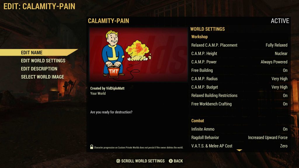 Fallout 76 Worlds - Configuración del mundo