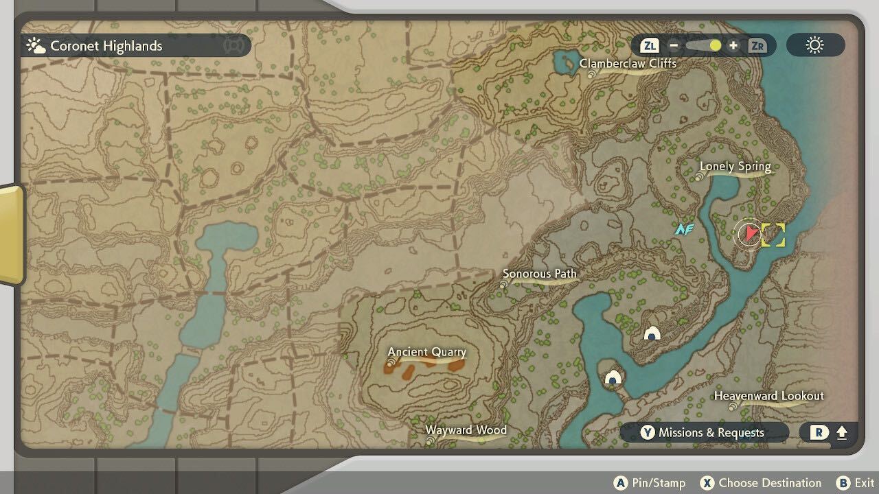 Pokemon Legends Arceus Gone Astray en el mapa de las Tierras Altas