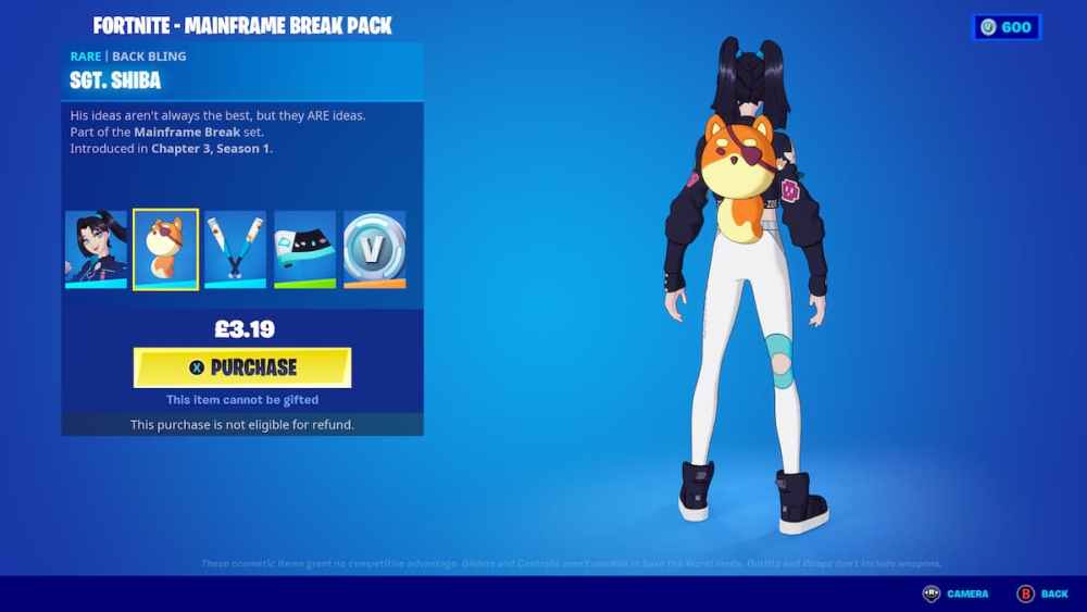 fortnite mainframe break pack sargento.  shiba espalda bling