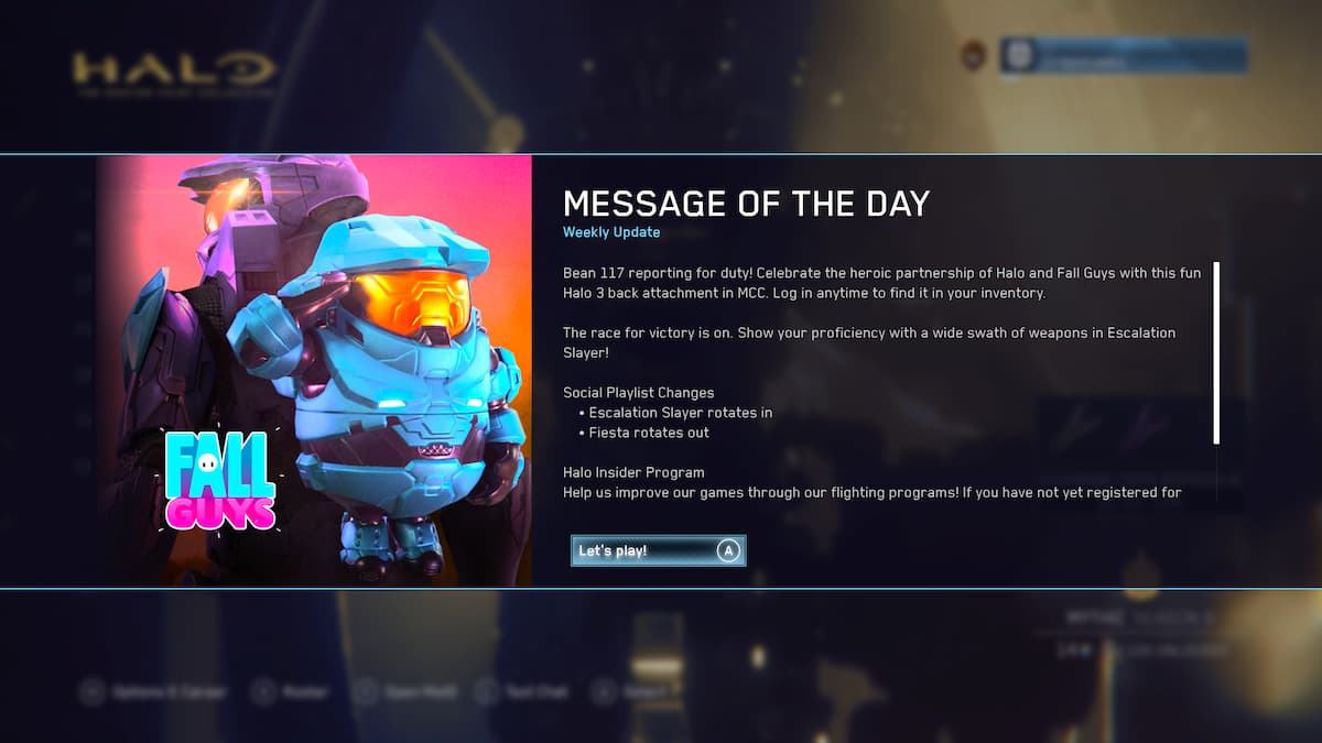 Mensaje del día en Halo Master Chief Collection que informa a los jugadores que el accesorio trasero Bean-117 está en su inventario.