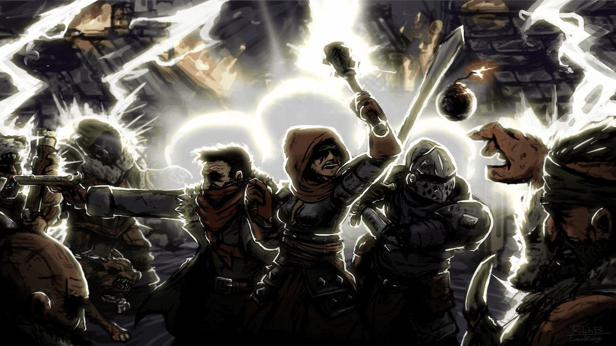 Un grupo de Darkest Dungeon luchando contra enemigos en una incursión.