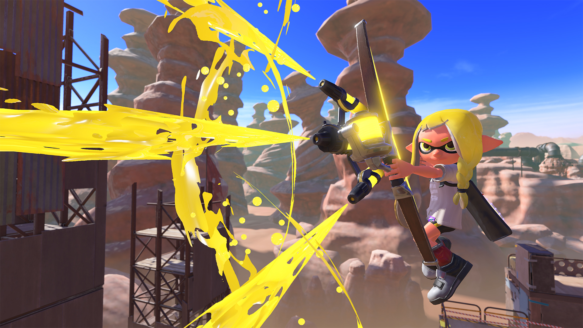 Un jugador de Splatoon disparando un REEF LUX 450 durante un partido.