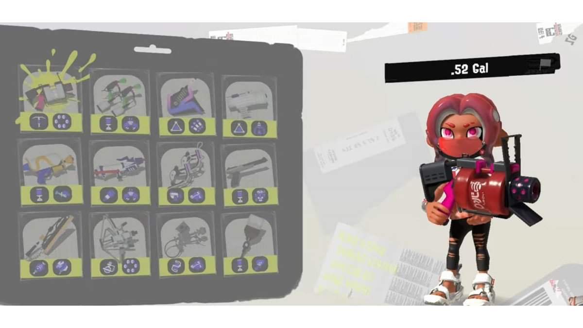 Seleccionando .52 gal desde el menú de Splatoon 3