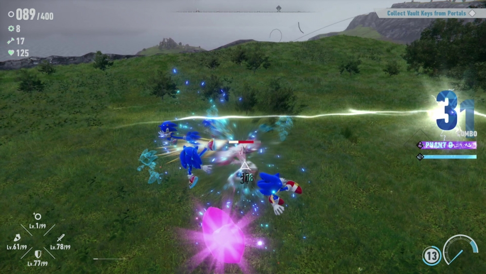 Sonic ataca a un enemigo mientras Phantom Rush está activado en Sonic Frontiers.
