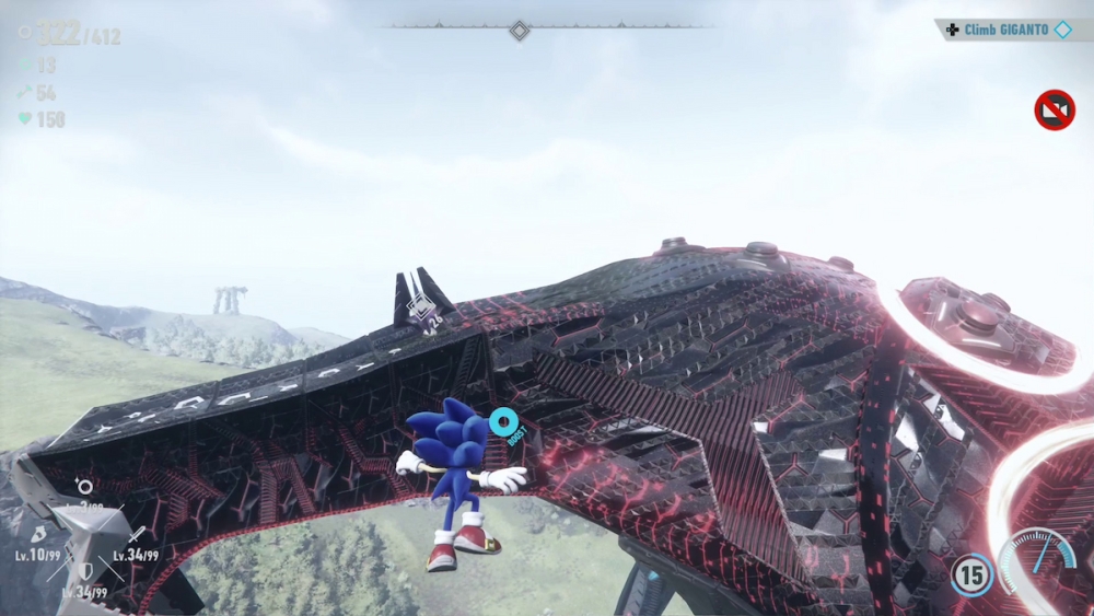 Sonic acercándose a una bóveda esmeralda del caos en el aire mientras lucha contra Giganto.