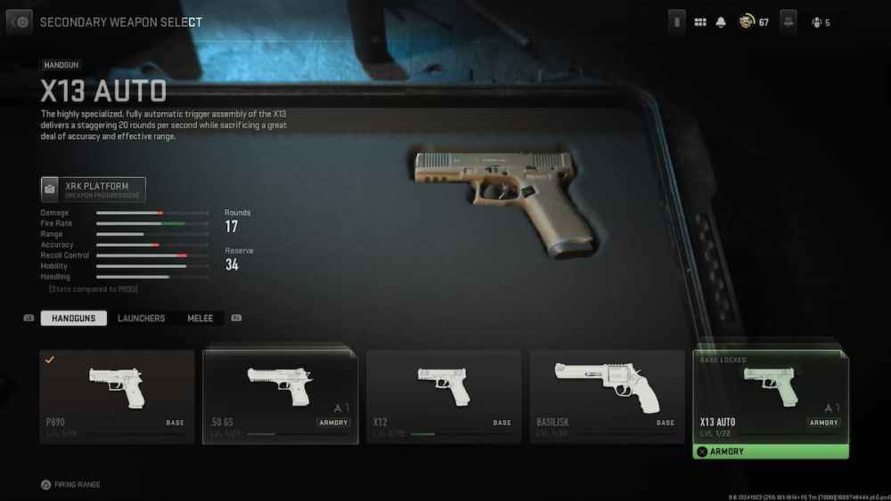 Pistola automática X13, mejores pistolas Warzone 2