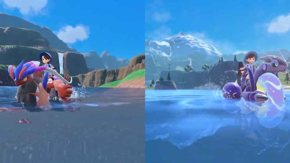 Koraidon y Miraidon surfeando en Pokémon Escarlata y Violeta. 