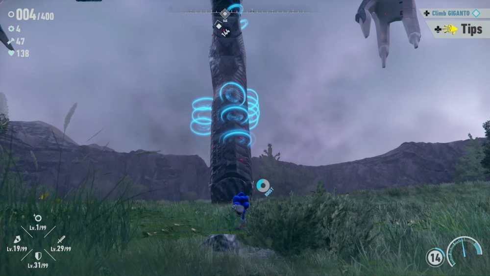 Una captura de pantalla de la pierna de Giganto en Sonic Frontiers.