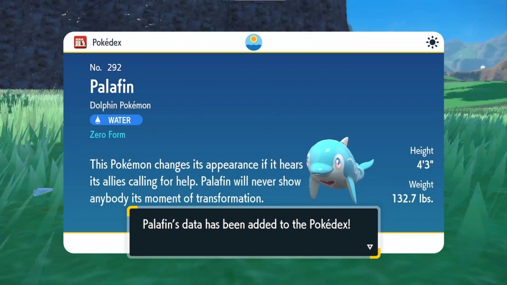 Entrada de la Pokédex de Palafin en Pokémon Escarlata y Violeta.