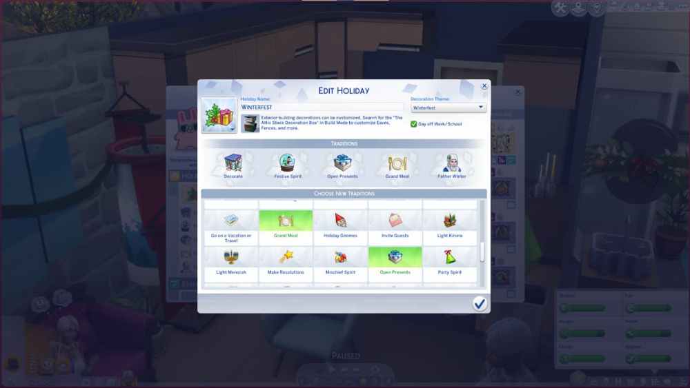 Edite las tradiciones navideñas, incluso si los Sims tienen o no el día libre en el trabajo o la escuela.