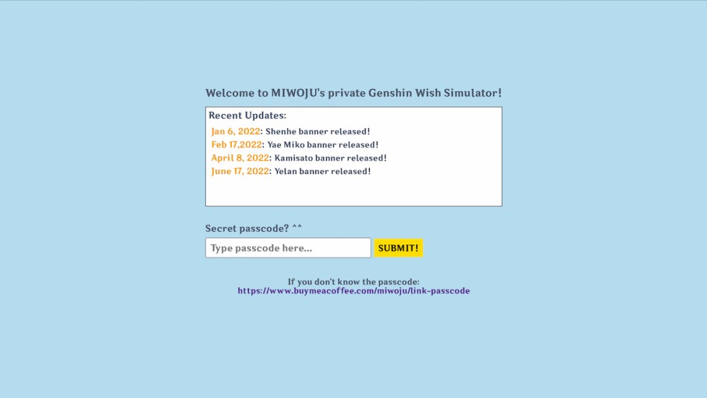 Una captura de pantalla del sitio web de Miwoju Genshin Impact Simulador de deseos