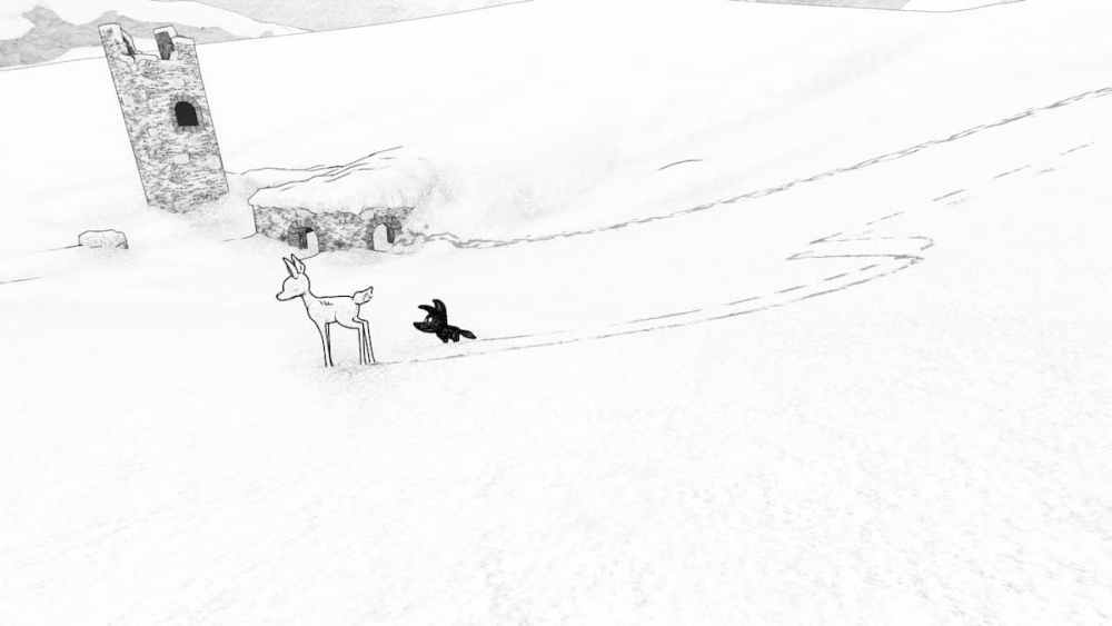 Localiza las ruinas cubiertas de nieve para encontrar el rastro de la manada de lobos.