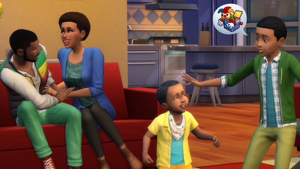Una familia de cuatro personas pasando tiempo juntos en la sala de estar de Sims 4. 