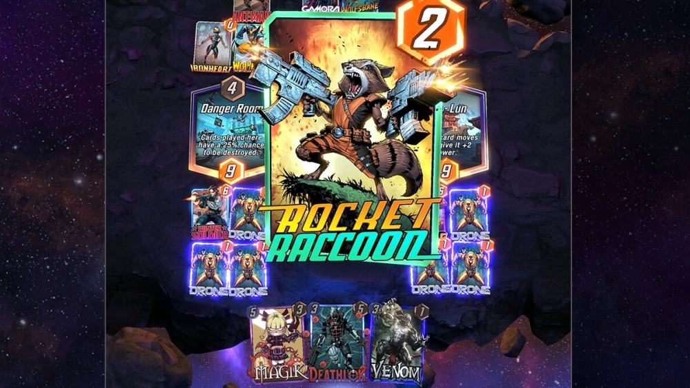 Rocket Cartoon jugando en una batalla de cartas de Marvel Snap.