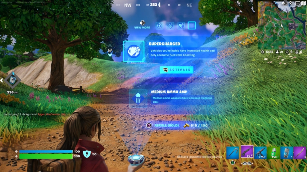 Activando aumentos en Fortnite.