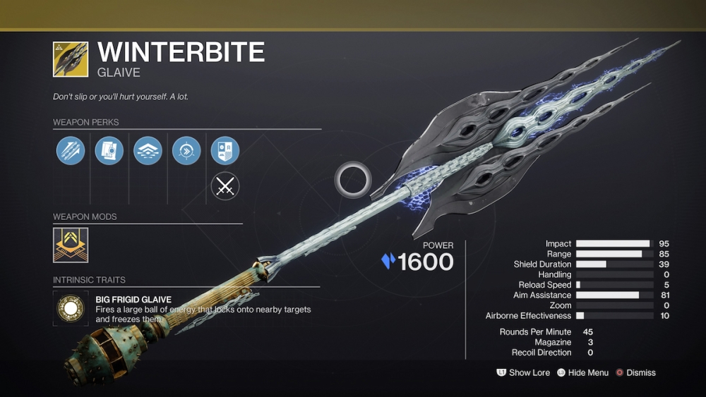 Glaive exótico Winterbite en Destiny 2