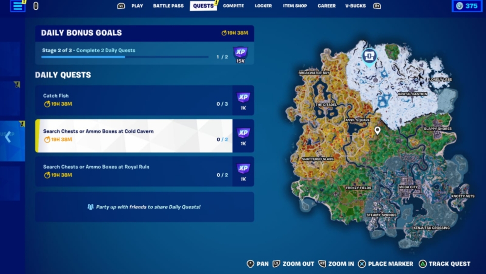 Página de misiones diarias de Fortnite.