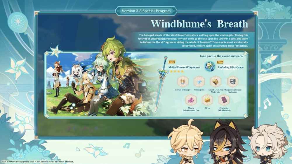 Genshin Impact  Las recompensas del evento Windblume's Breath incluyen Primogems gratis, un nuevo Claymore de 4 estrellas, Mailed Flower y otros materiales.