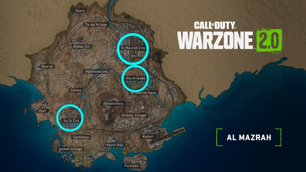 Mapa de Al Mazrah en Warzone 2 con las ubicaciones de las estaciones de policía en un círculo 