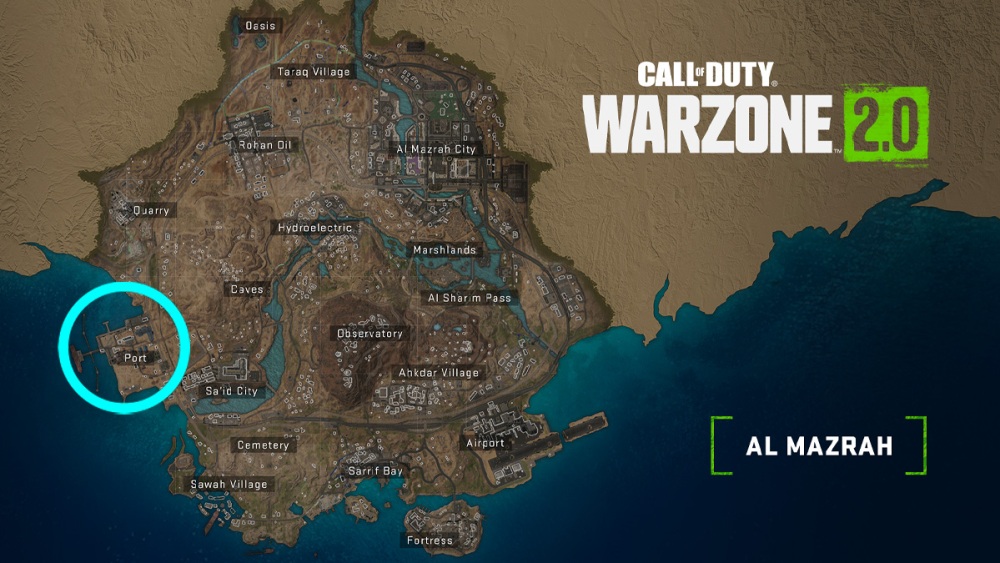 Mapa de Al Mazrah Warzone 2 con el puerto de Hafid en un círculo