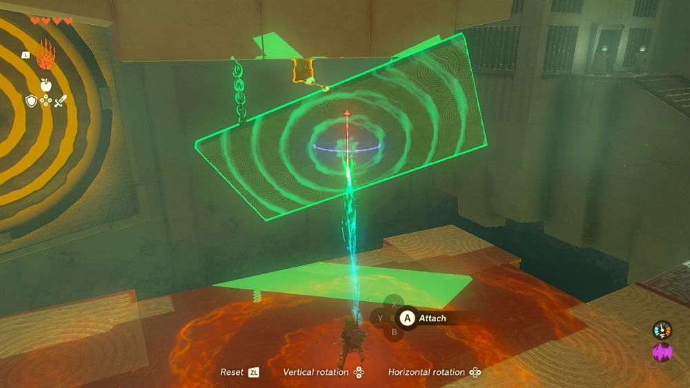 Zelda TOTK Mayachin Shrine sujetando una tabla a un clavo verde.