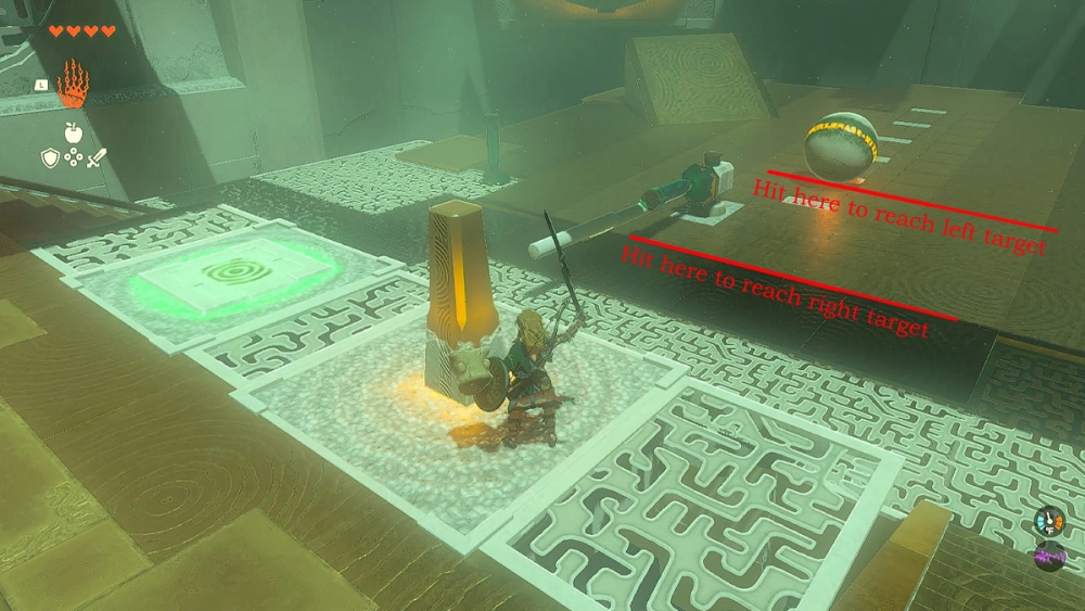 Zelda TOTK Mayachin Shrine Link golpeando el interruptor del dispositivo.