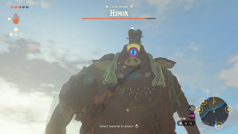 Link apuntando con el arco a Hinox Legend of Zelda Tears of the Kingdom