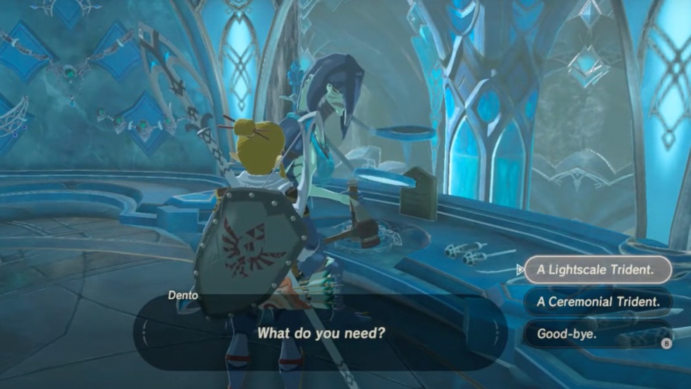 Link hablando con Dento sobre Lightscale Trident en Zelda: Breath of the Wild